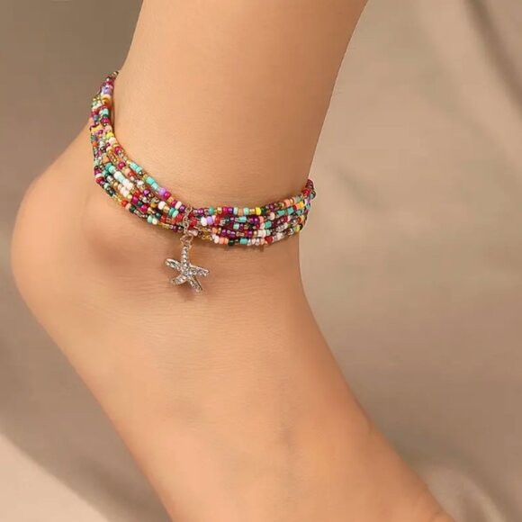 1pc Adjustable Boho Starfish Pendant Anklet - Handcrafted Beaded Five Layers Jew - Picture 1 of 1